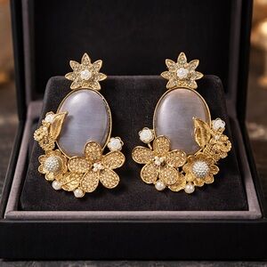 Turkish stone Floral Pearl Accent Statement Earrings - Women Jewelry